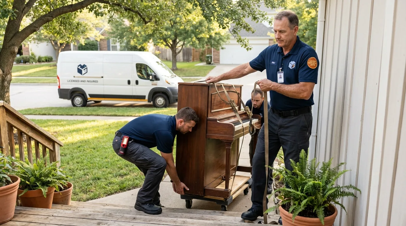 Licensed piano movers securing grand piano in Riesel, TX